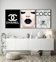 Load image into Gallery viewer, MAKEUP PRINT; CHANEL QUOTE; FASHION ART; CC LOGO; BLACK LIPS SET OF 6