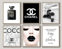 Load image into Gallery viewer, MAKEUP PRINT; CHANEL QUOTE; FASHION ART; CC LOGO; BLACK LIPS SET OF 6
